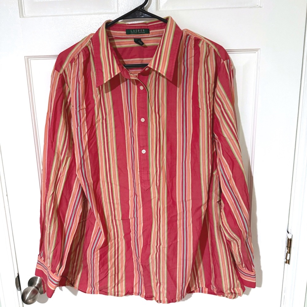 Lauren Ralph Lauren Women 2X Red Pink Striped Cotton Button Up Shirt Long Sleeve
